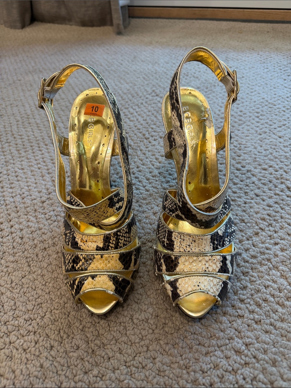 BCBGirls Gold and Black Snakeskin Strappy Slingback Heels